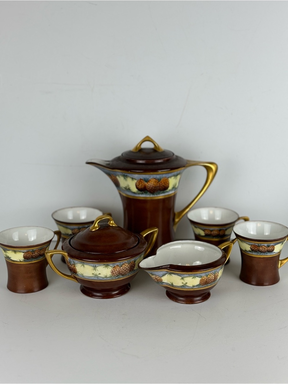7-Pc Vintage Serv Barvaria Coffee/Tea Set-Bone China/Handpainted Pinecone Design